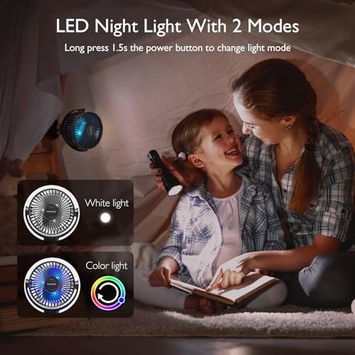Momcozy 8000mAh Portable Stroller Fan, 27H Ultra-long Battery Life Detachable 4 Speed 360°Rotate LED Night Light with 2 Modes, USB Rechargeable Handheld Cooling Fan for Travel/Car Seat/Bedroom - Image 6