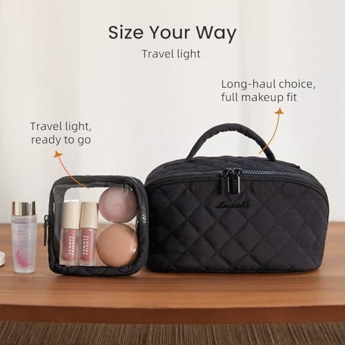 LOVEVOOK Travel Makeup Bag for Women, 2Pcs Set Puffer Waterproof Cosmetic Organizer, Large Capacity Pouch Open Flat Toiletry Bag with Divider & Handle, Portable Gift for Her, Black - Image 7