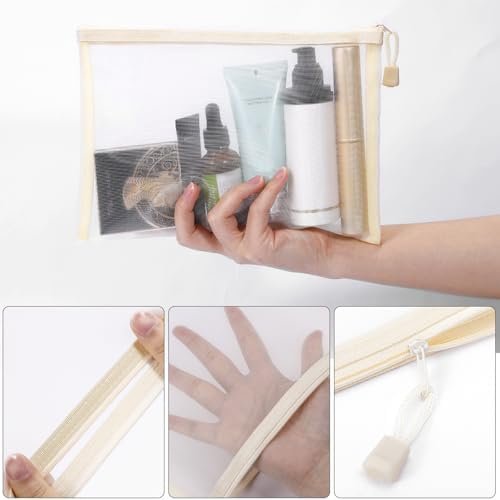 12 Pieces Zipper Nylon Mesh Pouch, Mesh Cosmetic Bags Makeup Bags Pencil Case, Multipurpose Travel Bags for Cosmetic School Office Supplies and Travel Accessories (Beige, A5) - Image 3