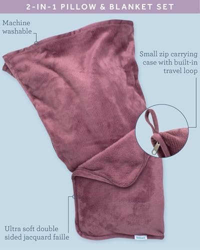 Bliss Faille Travel Pillow Blanket - 2-in-1 Lightweight Compact Airplane Camp Pillow and Blanket Set for Travelling, Size Small, Mauve - Image 4