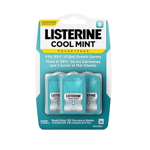 Listerine Cool Mint PocketPaks Portable Breath Strips for Bad Breath, Fresh Breath Strips Dissolve Instantly to Kill 99% of Bad Breath Germs* On-The-Go, Cool Mint, 24-Strip Pack, 3 Pack