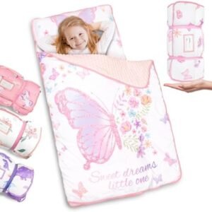 Primlect Toddler Nap Mat with Pillow and Blanket, Extra Large 55''x35'' Sleeping Bag, Washable, Light, Easy to Roll up, Perfect for Daycare, Preschool, Kindergarten, Travel, Boys and Girls (Butterfly)