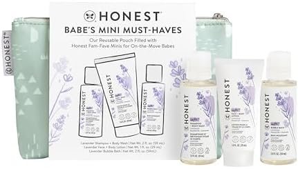 The Honest Company Babe's Mini Must Haves Gift Set | Travel Size Hypoallergenic Lavender Bathtime Essentials | Shampoo + Body Wash (2 fl oz), Face + Body Lotion (1 fl oz), Bubble Bath (2 fl oz)