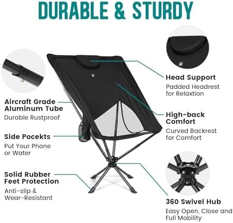 Swivel Portable High Back Camping Chair Small Compact Lightweight Folding Chairs for Adults, Outdoor Collapsible Backpack Chair for Camp, Travel, Sports, Easy Carry and Quick Setup - Image 8