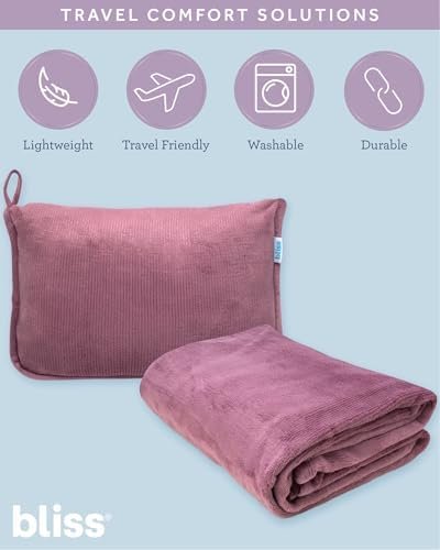 Bliss Faille Travel Pillow Blanket - 2-in-1 Lightweight Compact Airplane Camp Pillow and Blanket Set for Travelling, Size Small, Mauve - Image 2