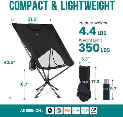 Swivel Portable High Back Camping Chair Small Compact Lightweight Folding Chairs for Adults, Outdoor Collapsible Backpack Chair for Camp, Travel, Sports, Easy Carry and Quick Setup - Image 2