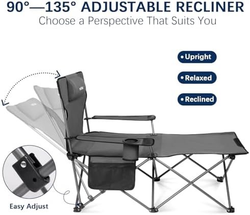 apollo walker Camping Chairs for Adults - 6 Legged Beach Chair with Foot Rest, Adjustable 90° - 130° Reclining Lounge Chair Outdoor, Folding Chairs for Outside with Detachable Pillow & Carry Bag Grey - Image 4