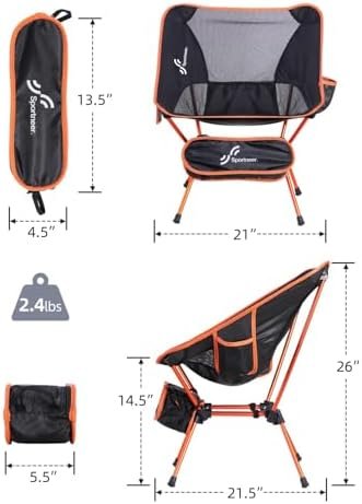 Sportneer Camping Chairs, Lightweight Outdoor Chairs with 2 Side Pockets & Storage Bag, Foldable & Portable Lawn Chairs for Camping Hiking Lawn Picnic Beach Outdoor Travel (1, Orange) - Image 3