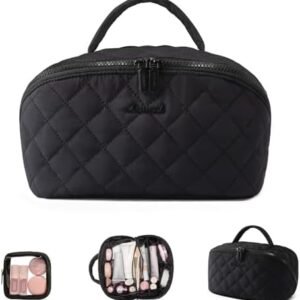 LOVEVOOK Travel Makeup Bag for Women, 2Pcs Set Puffer Waterproof Cosmetic Organizer, Large Capacity Pouch Open Flat Toiletry Bag with Divider & Handle, Portable Gift for Her, Black