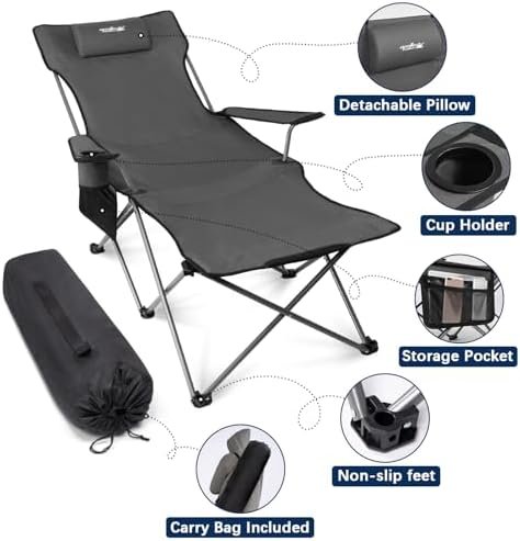 apollo walker Camping Chairs for Adults - 6 Legged Beach Chair with Foot Rest, Adjustable 90° - 130° Reclining Lounge Chair Outdoor, Folding Chairs for Outside with Detachable Pillow & Carry Bag Grey - Image 6