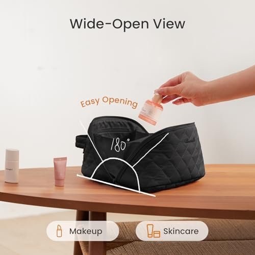 LOVEVOOK Travel Makeup Bag for Women, 2Pcs Set Puffer Waterproof Cosmetic Organizer, Large Capacity Pouch Open Flat Toiletry Bag with Divider & Handle, Portable Gift for Her, Black - Image 3