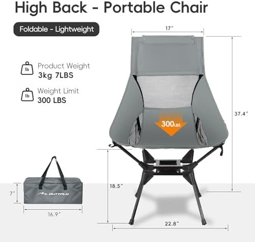 Swivel Folding Chair, High Back Camping Chair with Head Support, Side Cup Pocket, Stable Portable Outdoor Chair for Camp, Travel, Beach, Party, Fishing (Grey) - Image 2