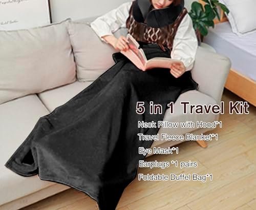 Travel Blanket Pillow Set - Travel Neck Pillow & Blanket for Airplane, Thick Fleece Traval Blanket, Hooded Memory Foam Neck Pillow, Foldable Duffel Bag, Sleep Mask, Earplugs for Plane Travel, Black - Image 3