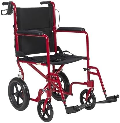 Drive Medical EXP19LTRD Lightweight Expedition Folding Transport Wheelchair with Hand Brakes, Ultra Lightweight Transport Chair for Seniors and Adults, Red