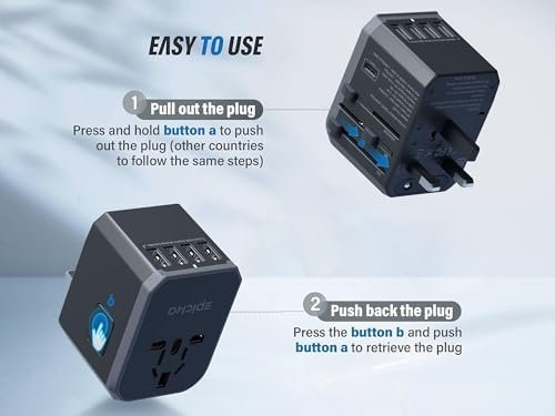EPICKA Universal Travel Adapter, European Travel Plug Adapter - International Power Adapter Worldwide Charger with USB-C & 4 USB Ports, Travel Essentials for Italy, Japan, Europe, UK (TA-105, Grey) - Image 3