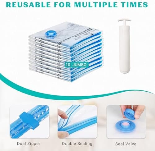 10 Pack Jumbo Space Saver Vacuum Storage Bags Seal Bags for Clothing Travel Compression Bags for Comforters Blankets Bedding Pillows Luggage Hand Pump Included - Image 4