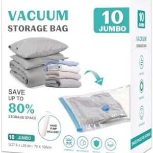 10 Pack Jumbo Space Saver Vacuum Storage Bags Seal Bags for Clothing Travel Compression Bags for Comforters Blankets Bedding Pillows Luggage Hand Pump Included