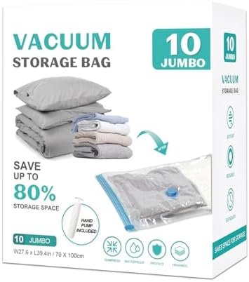 10 Pack Jumbo Space Saver Vacuum Storage Bags Seal Bags for Clothing Travel Compression Bags for Comforters Blankets Bedding Pillows Luggage Hand Pump Included