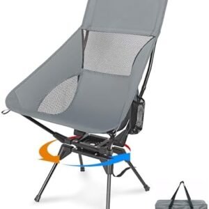 Swivel Folding Chair, High Back Camping Chair with Head Support, Side Cup Pocket, Stable Portable Outdoor Chair for Camp, Travel, Beach, Party, Fishing (Grey)