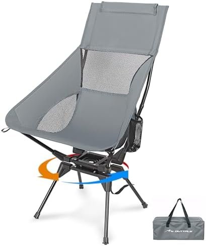 Swivel Folding Chair, High Back Camping Chair with Head Support, Side Cup Pocket, Stable Portable Outdoor Chair for Camp, Travel, Beach, Party, Fishing (Grey)