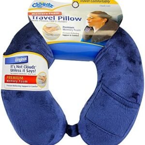 Cloudz Memory Foam Travel Neck Pillow with Snap & Pocket - Blue