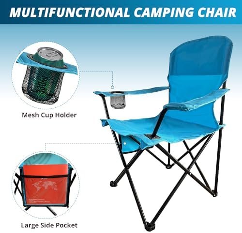 Folding Outdoor Beach Camp Chair with Cup Holder, Storage Pocket, Waterproof Bag Outdoor Arm Chair, Supports 225LBS, Blue - Image 5