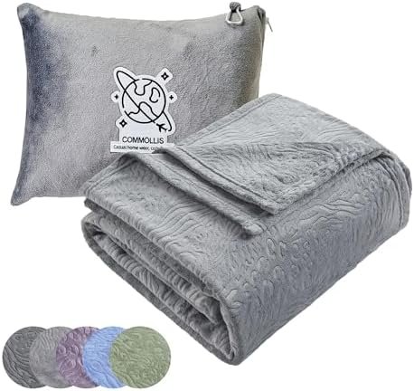 Commollis 2-in-1 Travel Blanket & Pillow for Airplane, Car, Train - Warm Compact Flight Blanket with Luggage Strap & Backpack Clip, Machine Washable, All-Season Use