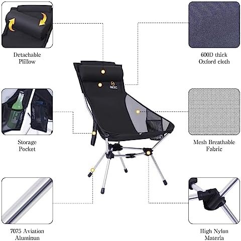 Nice C Ultralight High Back Folding Camping Chair, Backpacking Chair, Compact & Heavy Duty Outdoor, Travel, Picnic, Festival with 2 Side Pockets, Pillow &Carry Bag (Set of 2 Black) - Image 4