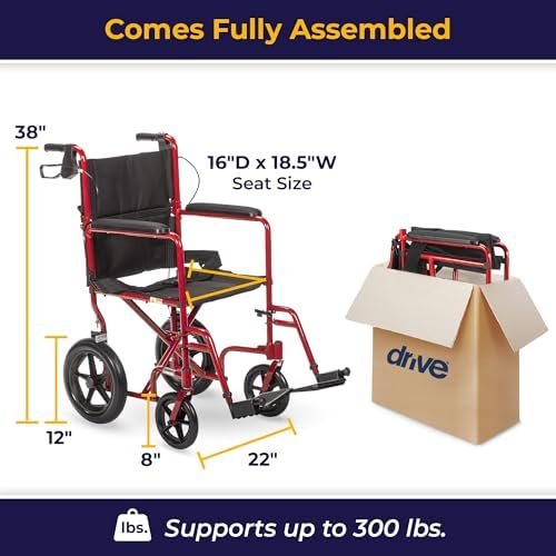 Drive Medical EXP19LTRD Lightweight Expedition Folding Transport Wheelchair with Hand Brakes, Ultra Lightweight Transport Chair for Seniors and Adults, Red - Image 4