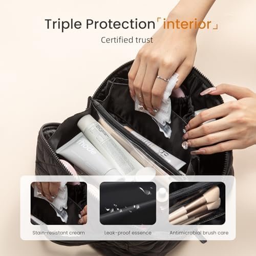 LOVEVOOK Travel Makeup Bag for Women, 2Pcs Set Puffer Waterproof Cosmetic Organizer, Large Capacity Pouch Open Flat Toiletry Bag with Divider & Handle, Portable Gift for Her, Black - Image 5
