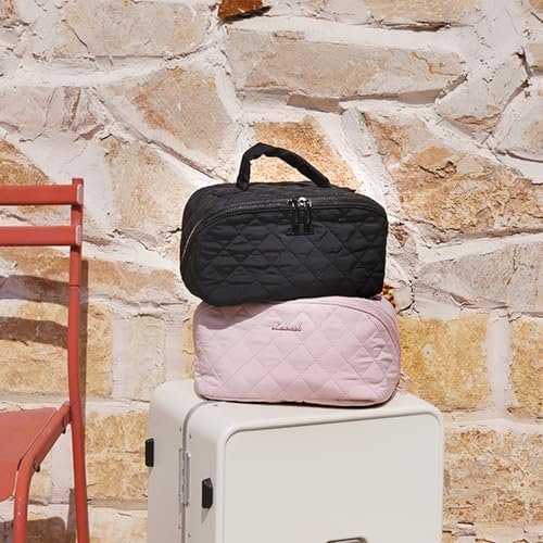 LOVEVOOK Travel Makeup Bag for Women, 2Pcs Set Puffer Waterproof Cosmetic Organizer, Large Capacity Pouch Open Flat Toiletry Bag with Divider & Handle, Portable Gift for Her, Black - Image 2