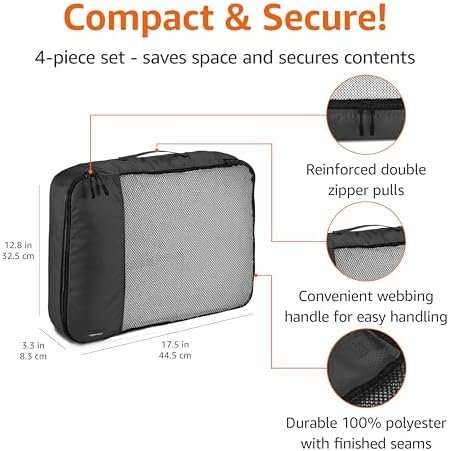 Amazon Basics Large Packing Cubes for Travel, Packing Organizers, 4-Piece-Set With Double Zipper Pulls and Mesh Top Panel, 100% Durable Polyester, Black, 17.5"L x 12.8"W x 3.3"H - Image 3