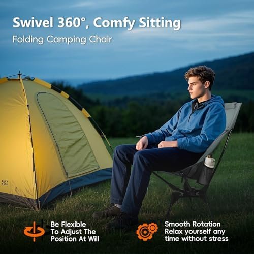 Swivel Folding Chair, High Back Camping Chair with Head Support, Side Cup Pocket, Stable Portable Outdoor Chair for Camp, Travel, Beach, Party, Fishing (Grey) - Image 3