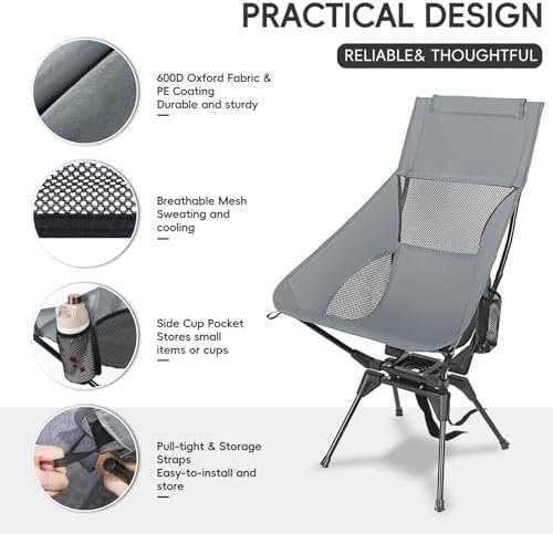 Swivel Folding Chair, High Back Camping Chair with Head Support, Side Cup Pocket, Stable Portable Outdoor Chair for Camp, Travel, Beach, Party, Fishing (Grey) - Image 4