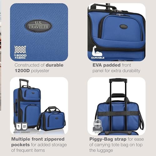 U.S. Traveler Rio Lightweight Carry-On Suitcase 20" Softside Expandable Design, Durable, Business and Travel, Blue, Set - Image 3