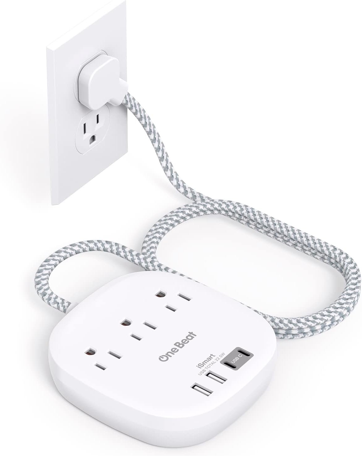 One Beat Flat Plug Power Strip, 5ft Flat Extension Cord, 3 Outlets 4 USB Ports (2 USB C) 22.5W/4.5A Desktop Charging Station Power Strip No Surge Protection, Cruise Ship Dorm Room Travel Essentials