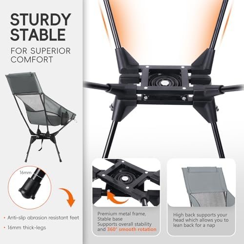 Swivel Folding Chair, High Back Camping Chair with Head Support, Side Cup Pocket, Stable Portable Outdoor Chair for Camp, Travel, Beach, Party, Fishing (Grey) - Image 5