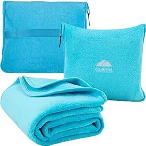BlueHills Premium Soft Travel Blanket Pillow Airplane Flight Throw in a Bag Compact Pack Large Blanket for Travel Essentials Light Blue (Sky Blue T000)
