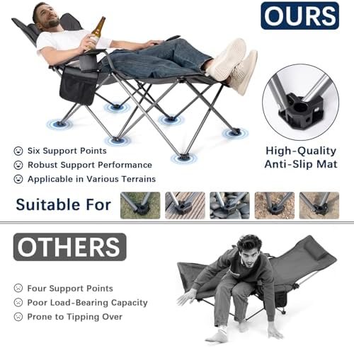 apollo walker Camping Chairs for Adults - 6 Legged Beach Chair with Foot Rest, Adjustable 90° - 130° Reclining Lounge Chair Outdoor, Folding Chairs for Outside with Detachable Pillow & Carry Bag Grey - Image 5