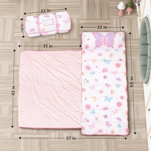 Primlect Toddler Nap Mat with Pillow and Blanket, Extra Large 55''x35'' Sleeping Bag, Washable, Light, Easy to Roll up, Perfect for Daycare, Preschool, Kindergarten, Travel, Boys and Girls (Butterfly) - Image 2