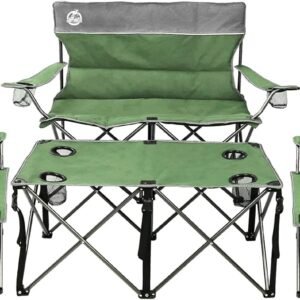 Folding Camping Chair Set of 4, Portable Collapsible Conversation Set w/1 Sofa, 2 Single Chairs, 1 Table for Family Patio, Outdoor Travel, Beach(Green)