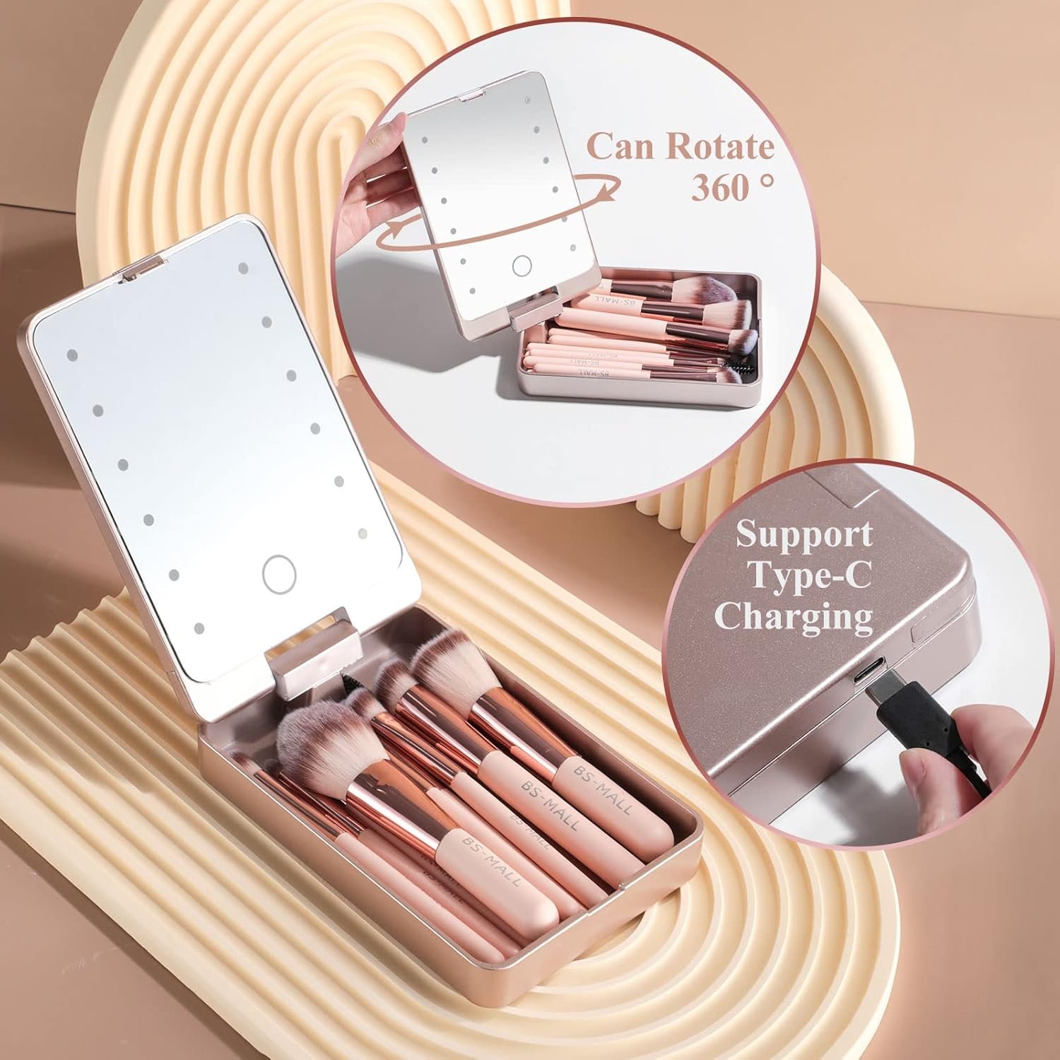 BS-MALL Makeup Brushes Foundation Powder Concealers Eye Shadows Makeup Set with LED light Mirror 14 Pcs Mini Makeup Brushes (APINK) - Image 2