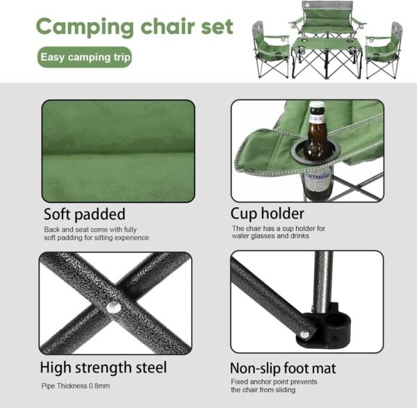Folding Camping Chair Set of 4, Portable Collapsible Conversation Set w/1 Sofa, 2 Single Chairs, 1 Table for Family Patio, Outdoor Travel, Beach(Green) - Image 5