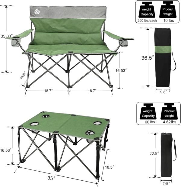 Folding Camping Chair Set of 4, Portable Collapsible Conversation Set w/1 Sofa, 2 Single Chairs, 1 Table for Family Patio, Outdoor Travel, Beach(Green) - Image 3