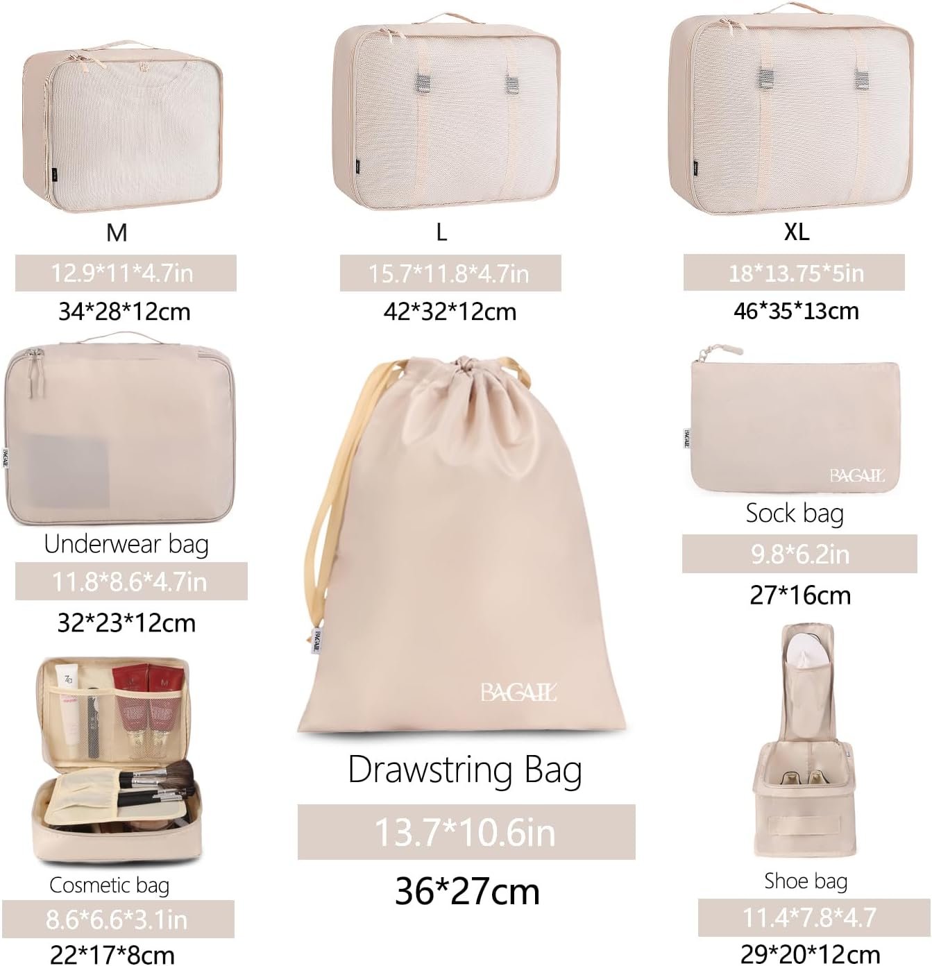 BAGAIL 8 Set Packing Cubes Luggage Organizer Bags for Travel Accessories-Cream - Image 2