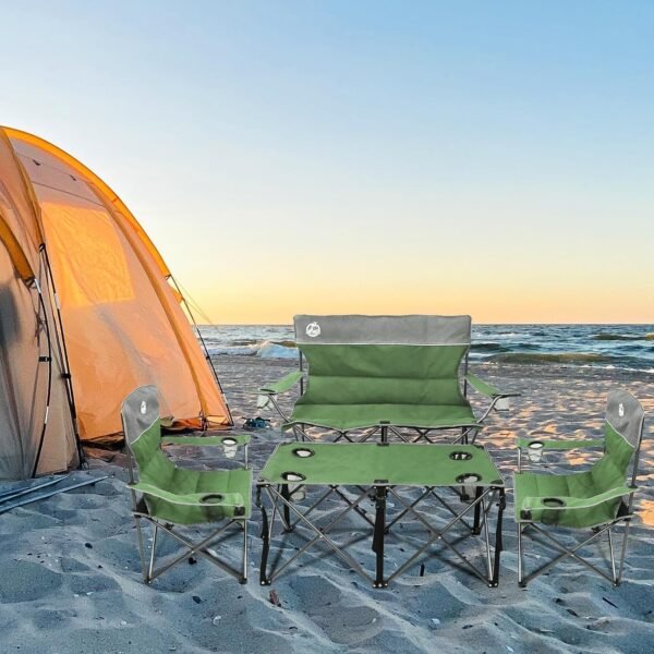 Folding Camping Chair Set of 4, Portable Collapsible Conversation Set w/1 Sofa, 2 Single Chairs, 1 Table for Family Patio, Outdoor Travel, Beach(Green) - Image 2