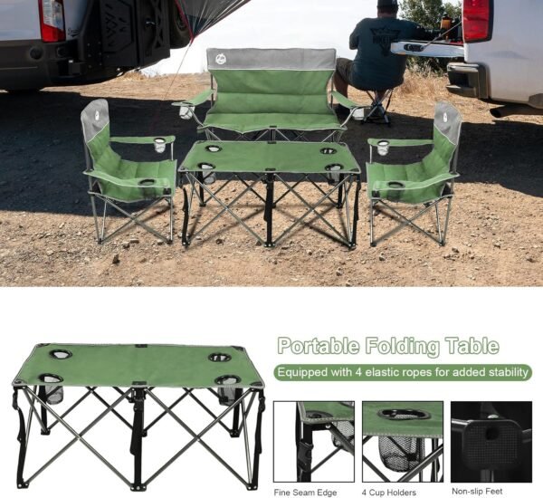 Folding Camping Chair Set of 4, Portable Collapsible Conversation Set w/1 Sofa, 2 Single Chairs, 1 Table for Family Patio, Outdoor Travel, Beach(Green) - Image 6