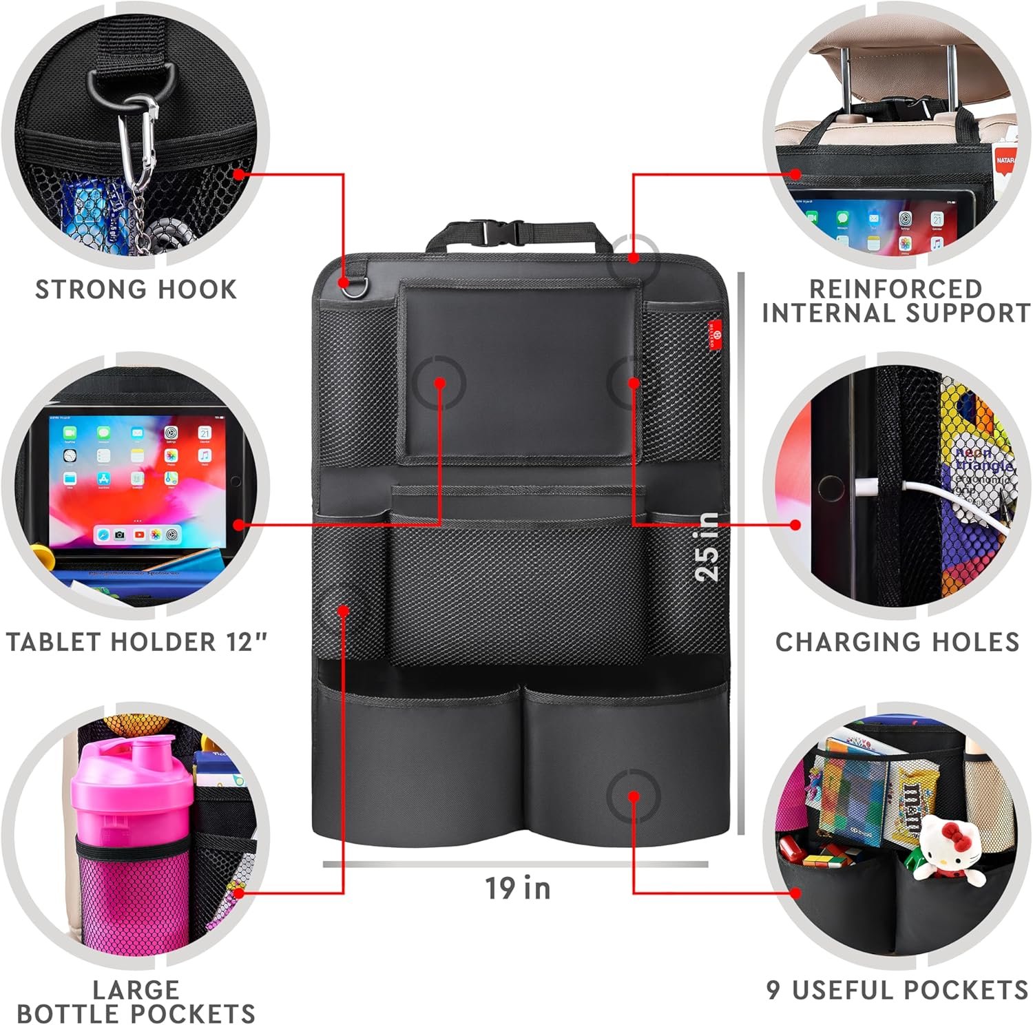 Helteko Backseat Car Organizer, Kick Mats Back Seat Protector with Touch Screen Tablet Holder, Back Seat Organizer for Kids, Travel Accessories with 9 Storage Pockets 2 Pack, Black - Image 6